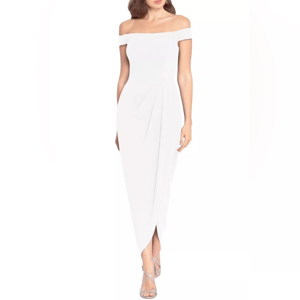 Xscape Off-the-Shoulder Wrap Front Scuba Crepe Gown, Ivory Size 4 NEW w/Tag $178